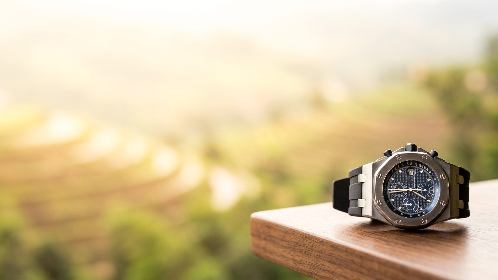 Audemars Piguet Royal Oak Offshore on a wooden ledge in green landscape
