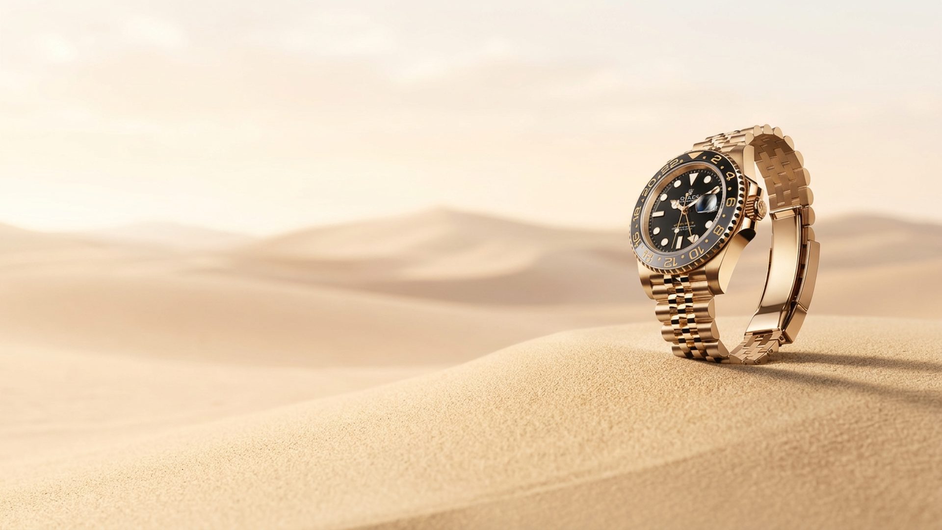 Rolex GMT-Master II in yellow gold on golden desert sand at sunset